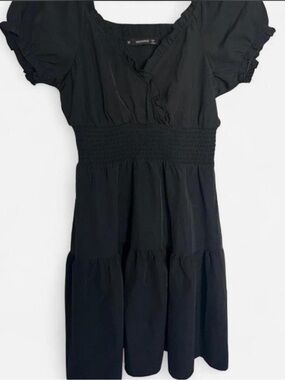 Black Smocked Vintage Waist Short Sleeve Dress